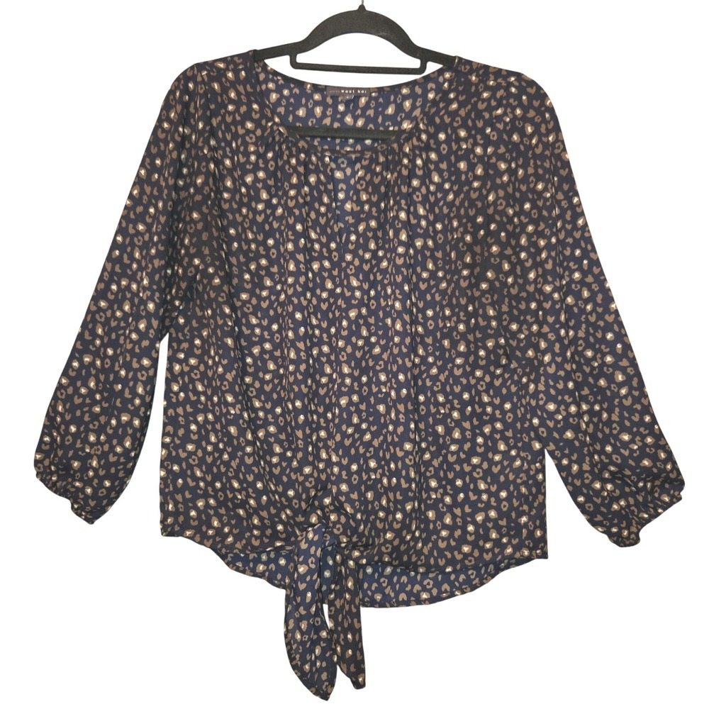 West Kei Sheer Tie Front Blouse Womens Small Navy Leopard Print Top Pleated Neck